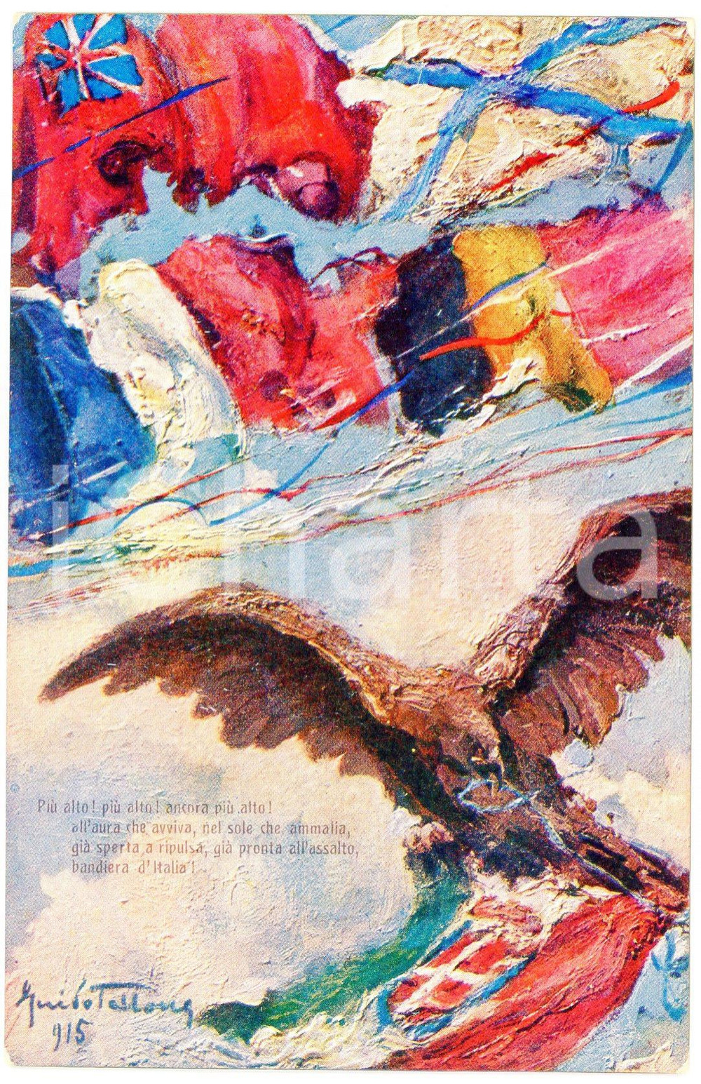 1915 WW1 Artista Guido TALLONE In altro il Tricolore - Cartolina ILLUSTRATA (1)  Cartolina postale d'epoca, non viaggiata.CONDIZIONI: FAIR (sbrecciature agli angoli)FORMATO: FP    originale e autentica 1