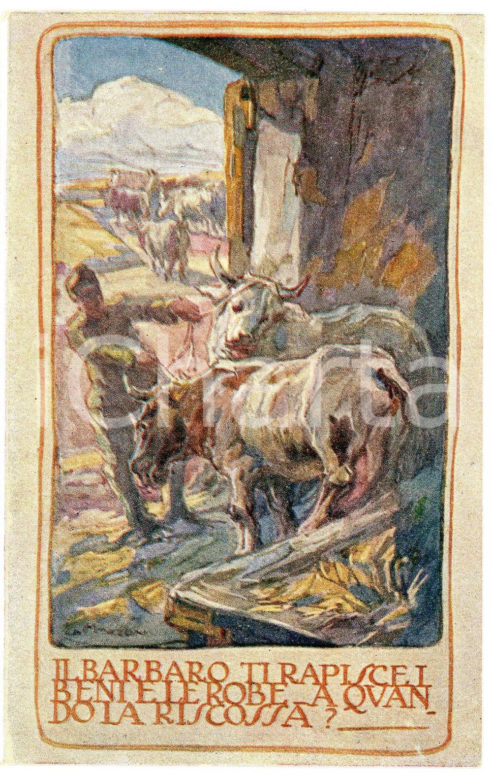 1915 ca WW1 Artista G. MAZZONI Il barbaro ti rapisce i beni - Cartolina FP NV  Cartolina postale d'epoca, non viaggiata.CONDIZIONI: FAIR (piegatura all'angolo superiore destro)FORMATO: FP    originale e autentica 1