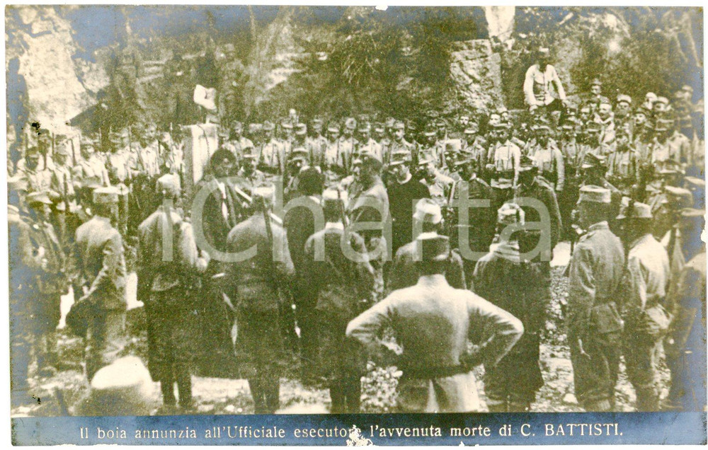 1916 IRREDENTISMO Boia annunzia l'avvenuta morte di Cesare BATTISTI Cartolina FP  Cartolina postale d'epoca, non viaggiata.CONDIZIONI: FAIR (SBRECCIATURA DIFFUSE AI MARGINI)FORMATO: FP    originale e autentica 1