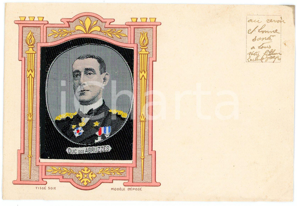 1916 CASA SAVOIA Luigi Amedeo di SAVOIA - AOSTA Ritratto ricamato - Cartolina  Cartolina postale d'epoca, non viaggiata ma con nota manoscritta al verso.Il ritratto di Luigi Amedeo di Savoia-Aosta &egrave; realizzato in tessuto.CONDIZIONI: FAIR (smussature agli angoli e al margine inferiore)FORMATO: FP    originale e autentica 1