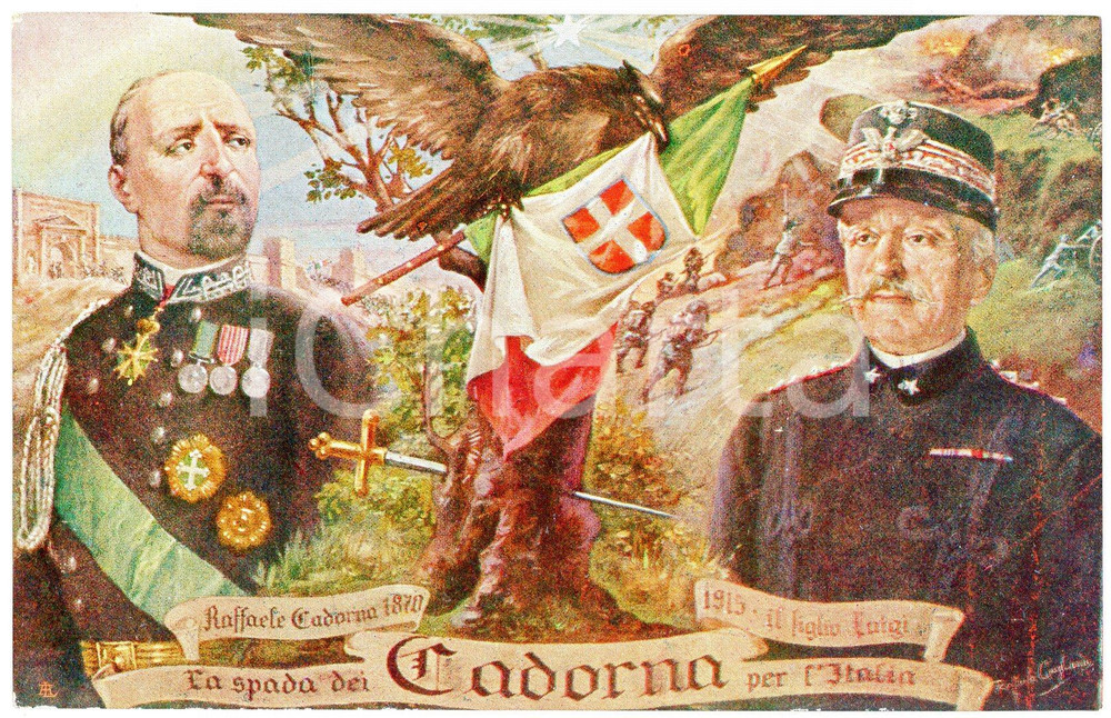 1915 ca WW1 La spada di Raffaele e Luigi CADORNA per l'Italia - Cartolina FP NV  Cartolina postale d'epoca, non viaggiata.CONDIZIONI: FAIR (PIEGATURA ALL'ANGOLO SUPERIORE SINISTRO)FORMATO: FP    originale e autentica 1
