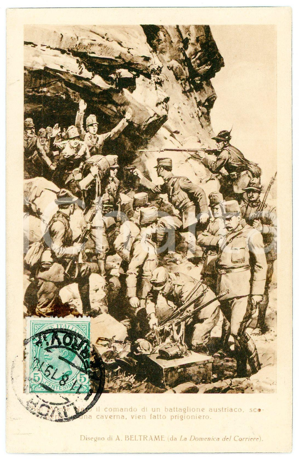 1919 WW1 Artista Achille BELTRAME Battaglione austriaco sul Monte Nero Cartolina  Cartolina postale d'epoca, viaggiata.CONDIZIONI: GOODFORMATO: FP    originale e autentica 1