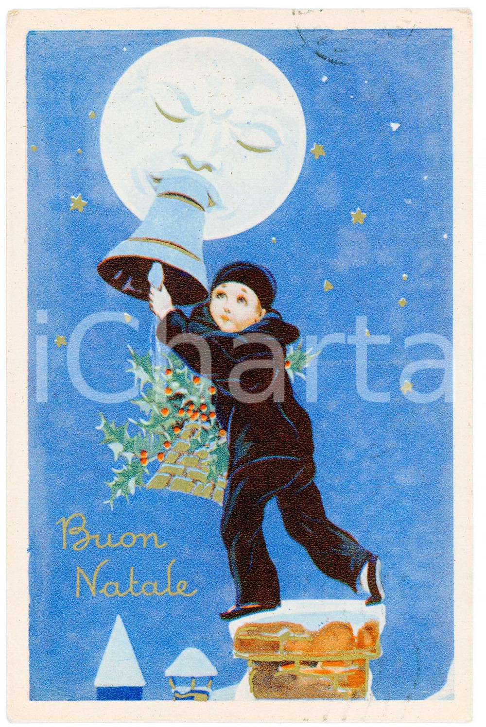 1920 ca BUON NATALE PIerrot disturba la luna con una campana - Cartolina FP VG  Cartolina postale d'epoca, viaggiata.CONDIZIONI: FAIR (smussature agli angoli)FORMATO: FP    originale e autentica 1