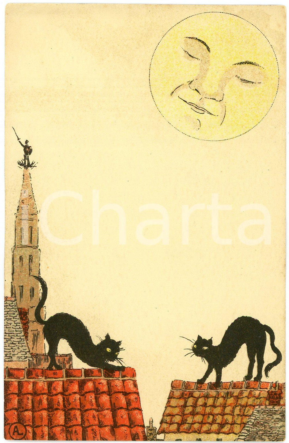 1900 ca MOONFACE Cats in love - Anthropomorphic moon ILLUSTRATED Postcard FP NV  Cartolina postale d'epoca, non viaggiata.CONDIZIONI: FAIR (lievi smussature agli angoli)FORMATO: FP    originale e autentica 1