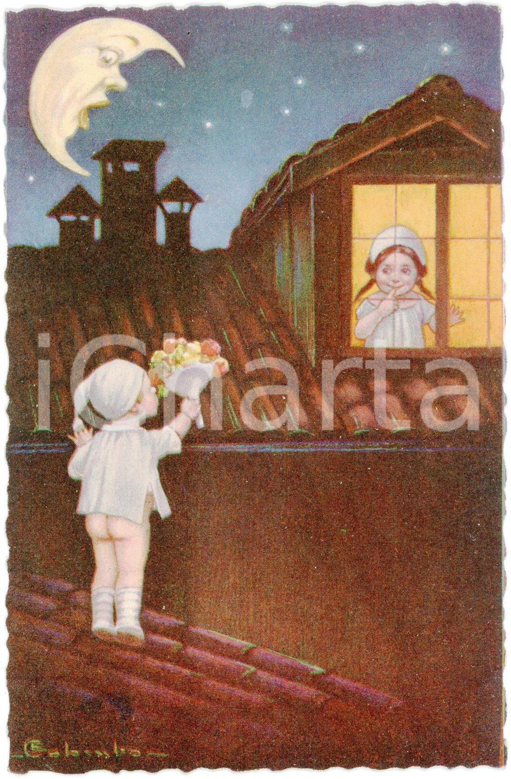1907 MOON observing the serenade of two children in pajamas - Postcard FP NV  Cartolina postale d'epoca, non viaggiata.CONDIZIONI: GOODFORMATO: FP    originale e autentica 1