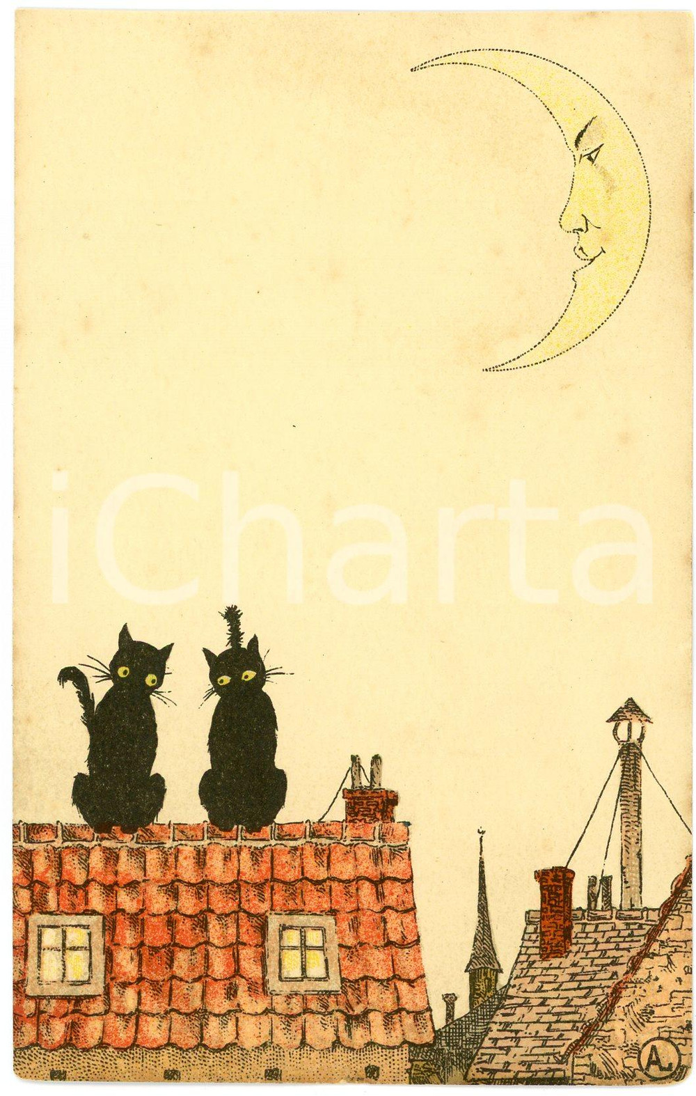 1900 ca MOONFACE Cats in love - Anthropomorphic moon ILLUSTRATED Postcard FP  Cartolina postale d'epoca, non viaggiata.CONDIZIONI: FAIR (lievi smussature agli angoli)FORMATO: FP    originale e autentica 1