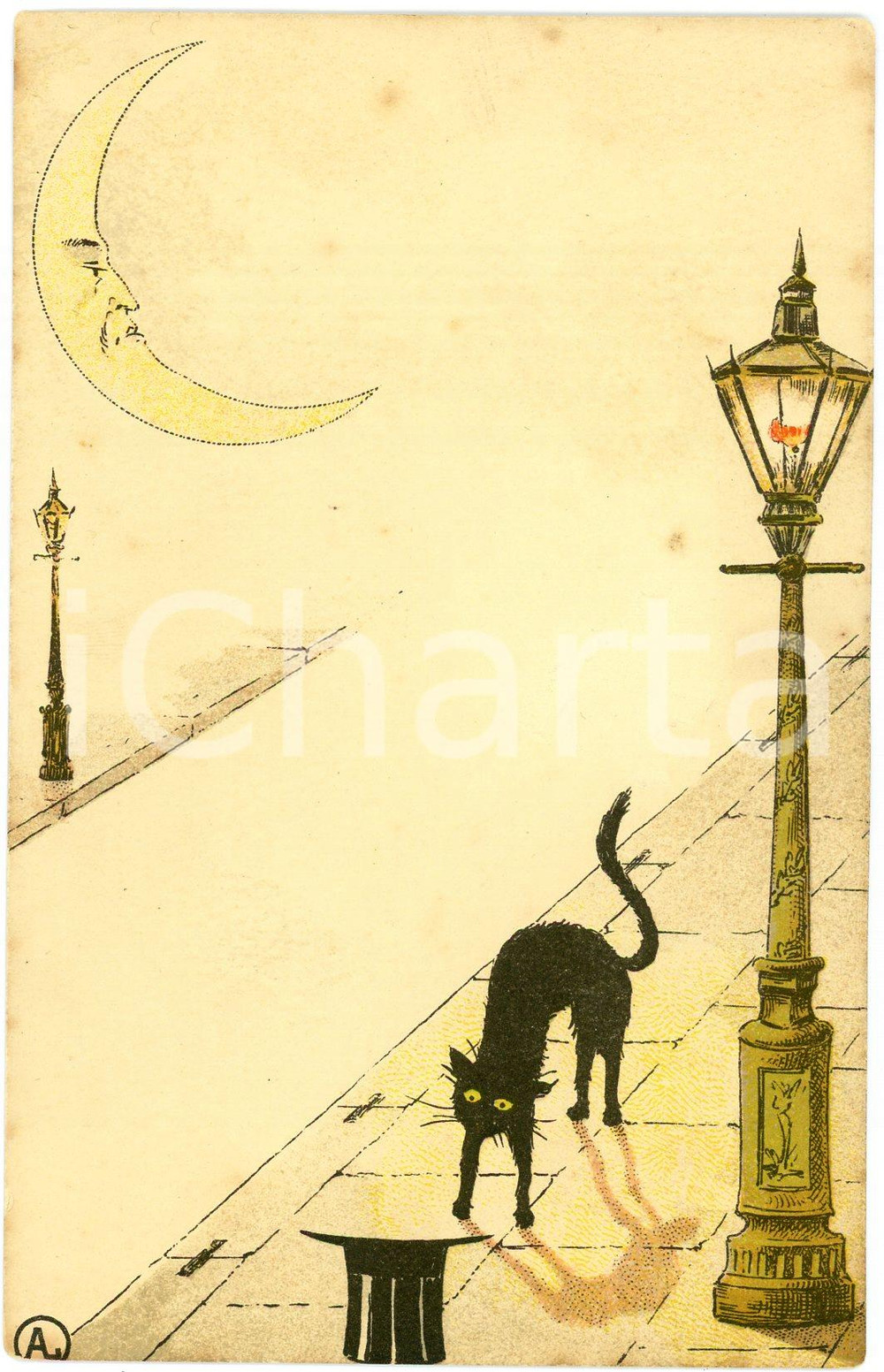 1900 ca MOONFACE Cat in the street - Anthropomorphic moon ILLUSTRATED Postcard  Cartolina postale d'epoca, non viaggiata.CONDIZIONI: FAIR (lievi smussature agli angoli)FORMATO: FP    originale e autentica 1