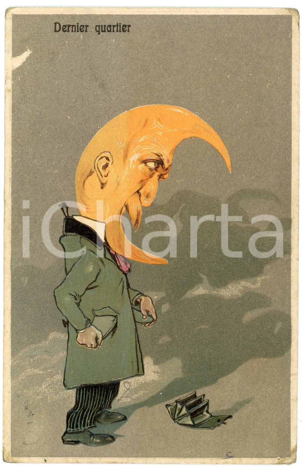 1919 MOON - LUNE - Dernier quartier - Embossed French postcard  Cartolina postale d'epoca, a rilievo, viaggiata.CONDIZIONI: POOR (smussature agli angoli e abrasione al margine sinistro)FORMATO: FP    originale e autentica 1