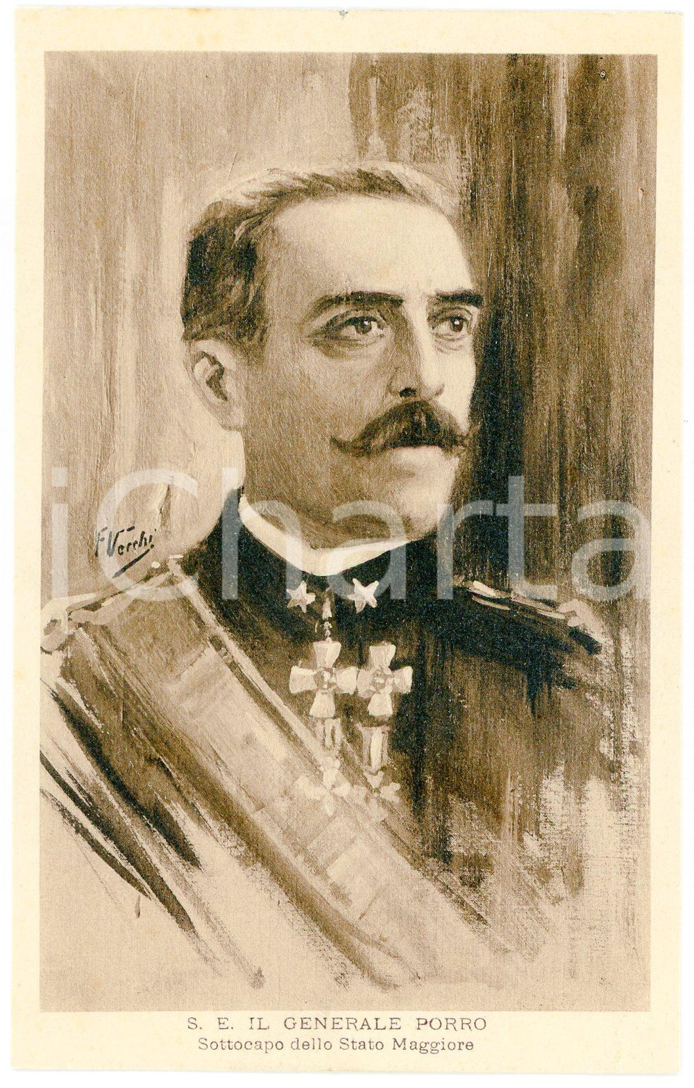 1915 ca GRANDE GUERRA Generale Carlo PORRO Sottocapo Stato Maggiore - Cartolina  Cartolina postale d'epoca, non viaggiata.Illustrazione di F. Vecchi.CONDIZIONI: GOOD FORMATO: FP    originale e autentica 1