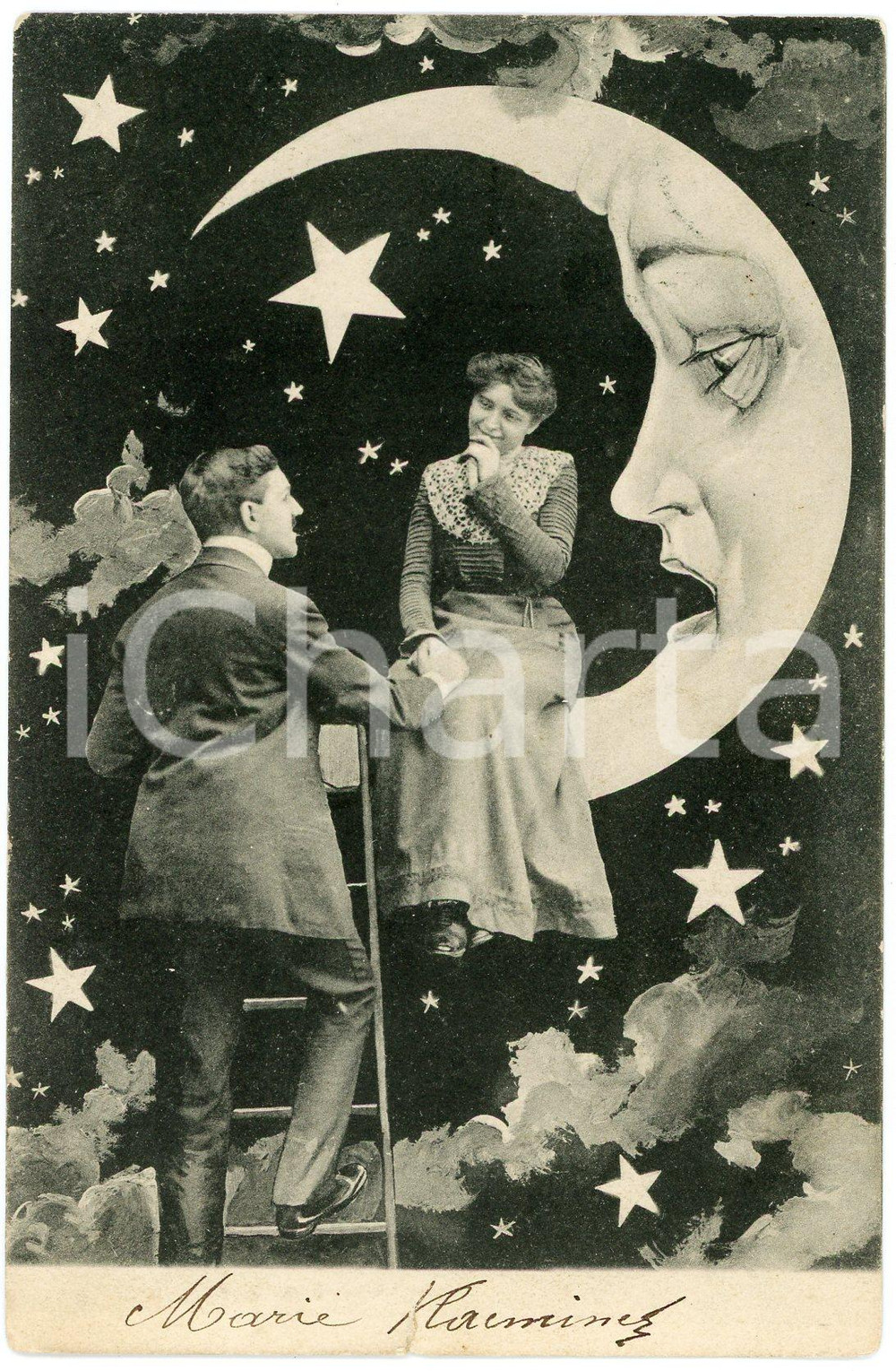 1922 LOVERS Couple on the moon ILLUSTRATED Postcard FP VG (3)  Cartolina postale d'epoca, viaggiata.CONDIZIONI: POOR (strappo al margine inferiore, smussature agli angoli))FORMATO: FP    originale e autentica 1