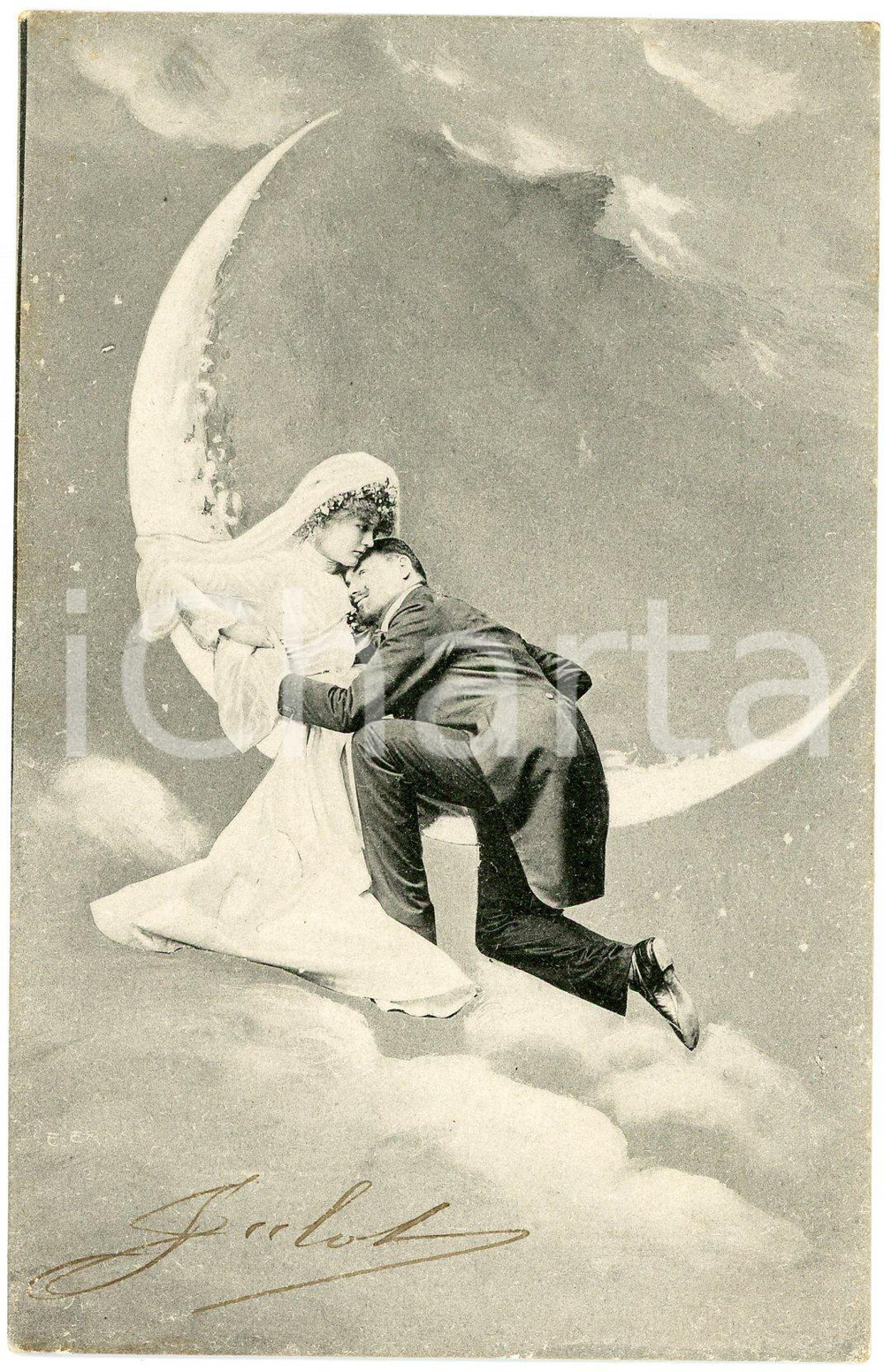 1904 BELGIUM Artist E. ERNST - Just married couple - Moon (2) Postcard  Cartolina postale d'epoca, viaggiata.CONDIZIONI: GFORMATO: FP    originale e autentica 1