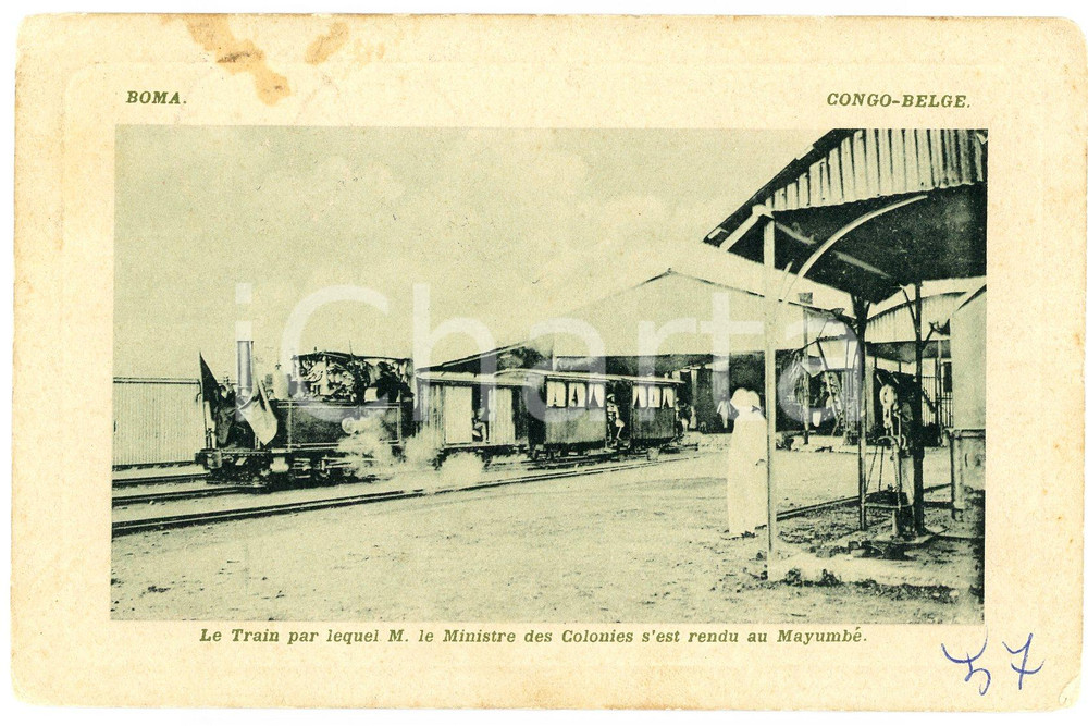 1911 BOMA CONGO Train du Ministre des Colonies à destination de MAYUMBÉ Postcard  Cartolina d'epoca, non viaggiata. POOR/danneggiato Smussature agli angoli e macchie al margine superiore Formato: FP originale e autentica 1