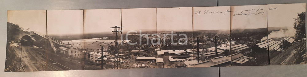 1930 ca CONGO BELGE Mine PANDA - Panorama usines *Photo L. GABRIEL 8 cartes Veduta panoramica composta da 8 fotografie originali in formato cartolina postale, con didascalia manoscritta al recto e al verso.Timbro del fotografo.Le fotografie sono unite in tre coppie + due singole.FOTOGRAFO: L&eacute;opold Gabriel - Panda - Katanga  FAIR/discreto parziale distacco dell'adesivo al verso delle coppie di fotografia Formato: 9x14 cm (singola) originale e autentica 1