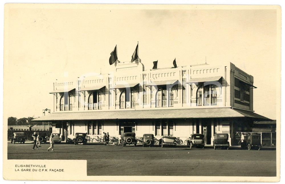 1934 CONGO BELGE - ELISABETHVILLE Gare C.F.K. *Photo Léopold GABRIEL Fotografia originale d'epoca, in formato cartolina postale.Viaggiata, ma francobollo asportato.FOTOGRAFO: L&eacute;opold Gabriel - Panda - Katanga  GOOD/buono  Formato: 14x9 cm originale e autentica 1