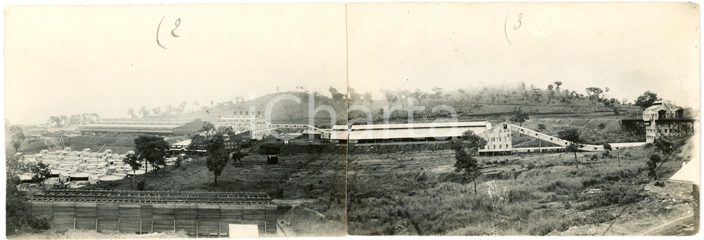 1930 ca CONGO BELGE Mine PANDA - Panorama usines ^Photo L. GABRIEL 2 cartes Veduta panoramica composta da 2 fotografie originali in formato cartolina postale.Le fotografie sono unite da adesivo al verso.FOTOGRAFO: L&eacute;opold Gabriel - Panda - Katanga  FAIR/discreto lievi fioriture al verso Formato: 14x9 cm (singola) originale e autentica 1