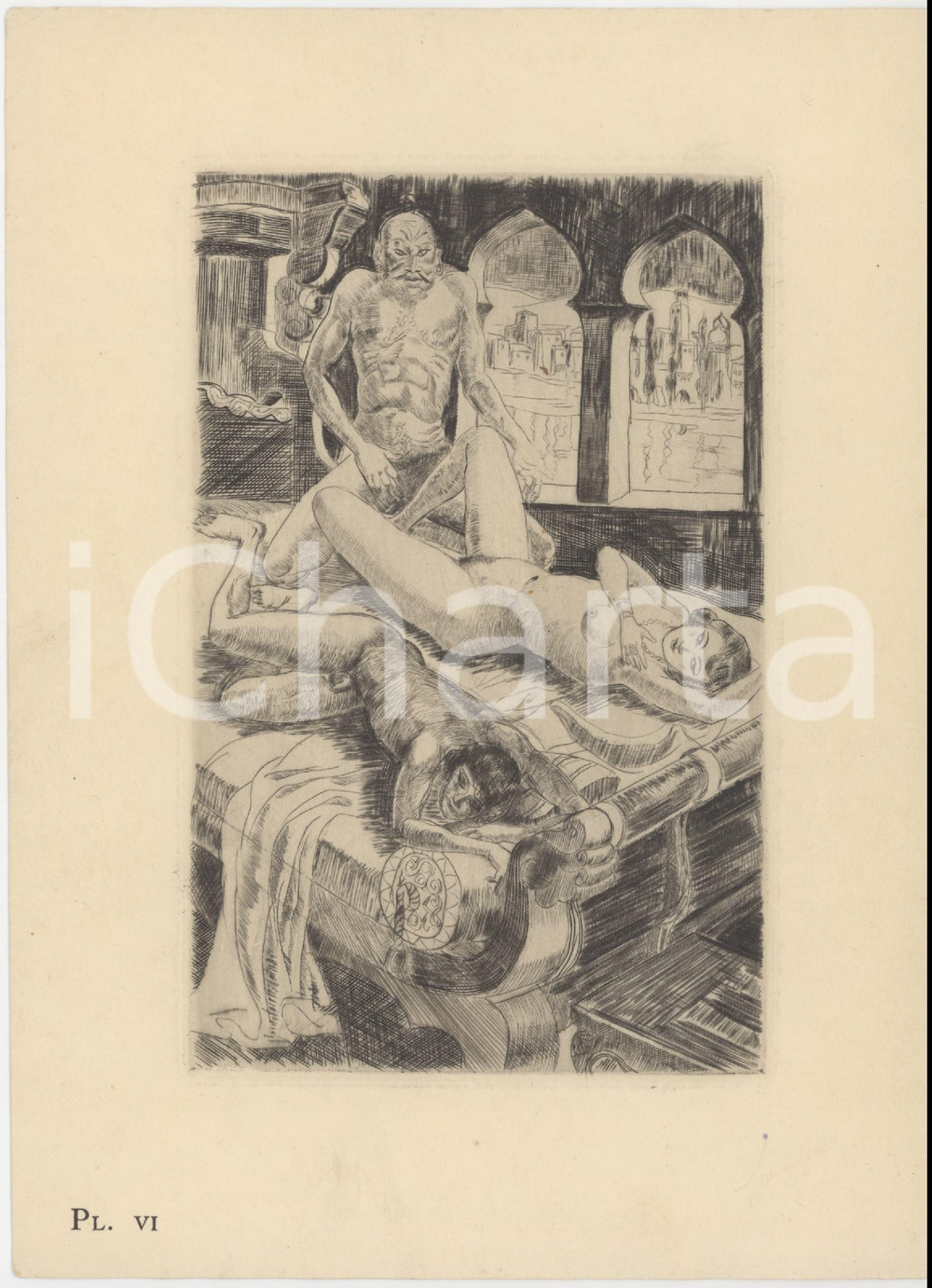Stampa, bozzetto originale 1930 ca VINTAGE EROTIC  FRANCE  Indian scene  Engraving PI. VI 14x20 cm 1