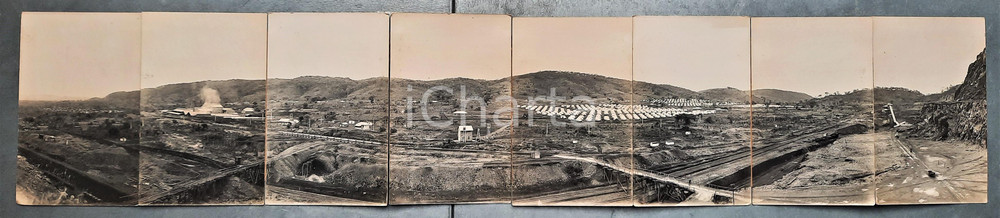 1930 ca CONGO BELGE Mines PANDA - Vue générale - Photo L. GABRIEL 8 cartes Veduta panoramica composta da 8 fotografie originali in formato cartolina postale, unite da adesivo al verso.FOTOGRAFO: L&eacute;opold Gabriel - Panda - Katanga  GOOD/buono  Formato: 9x14 cm (singola) originale e autentica 1