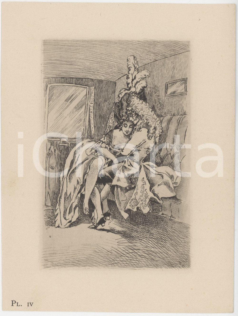 1933 EROTICA FRANCE "Les cousines de la Colonelle" - Gravure PI. IV 14x20 cm  Acquaforte originale d'epoca, appartenente all'opera "Les cousines de la Colonelle" (Paris, Editions du Condor). GOOD/buono  Formato: 14x20 cm originale e autentica 1