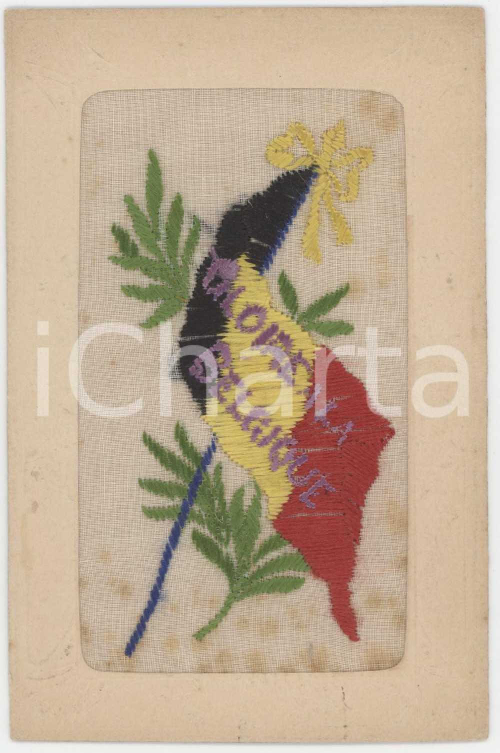 1920 ca PATRIOTISME - Gloire à la BELGIQUE - Carte postale BRODERIE ORIGINALE  Cartolina postale d'epoca, con vero ricamo originale. FAIR/discreto fioriture Formato: 9x14 cm originale e autentica 1