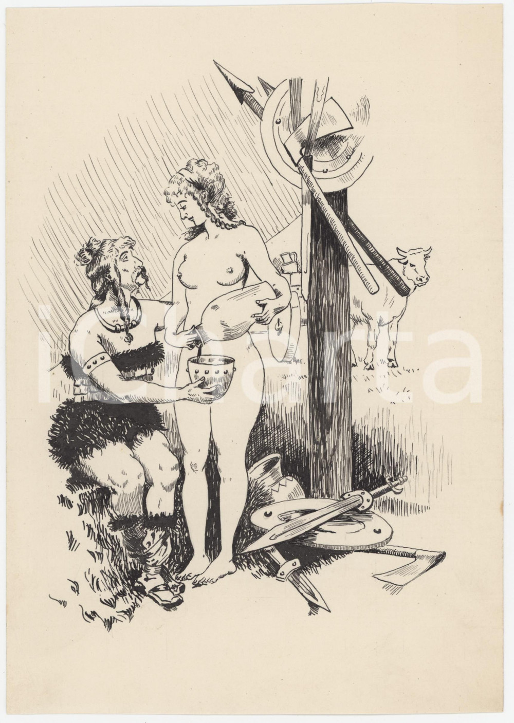 1950 ca EROTICA VINTAGE Coppia vichinga - Disegno a china 14x20 cm  Disegno originale a china su carta. GOOD/buono  Formato: 14x20 cm originale e autentica 1