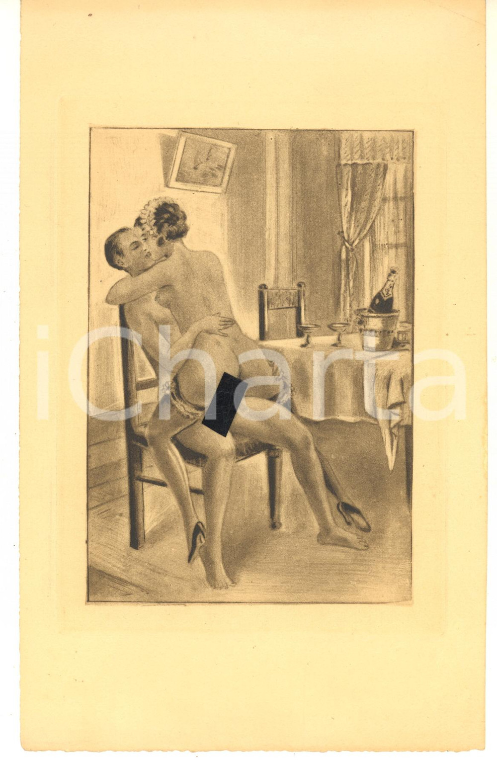 Stampa, bozzetto originale 1930 ca VINTAGE EROTIC Sex after dinner  Engraving 13x20 cm 1