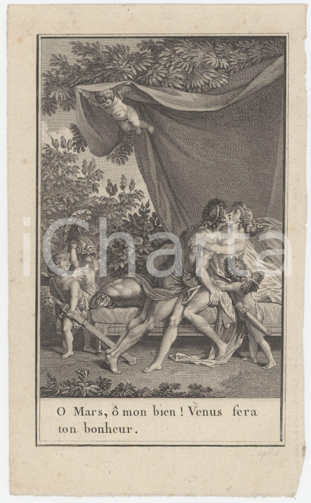 1850 ca DUPREEL "O Mars, o mon bien! Venus fera ton bonheur" - EROTIC Engraving  Stampa originale d'epoca. FAIR/discreto lieve piegatura angolare e minima mancanza Formato: 13x20 cm originale e autentica 1