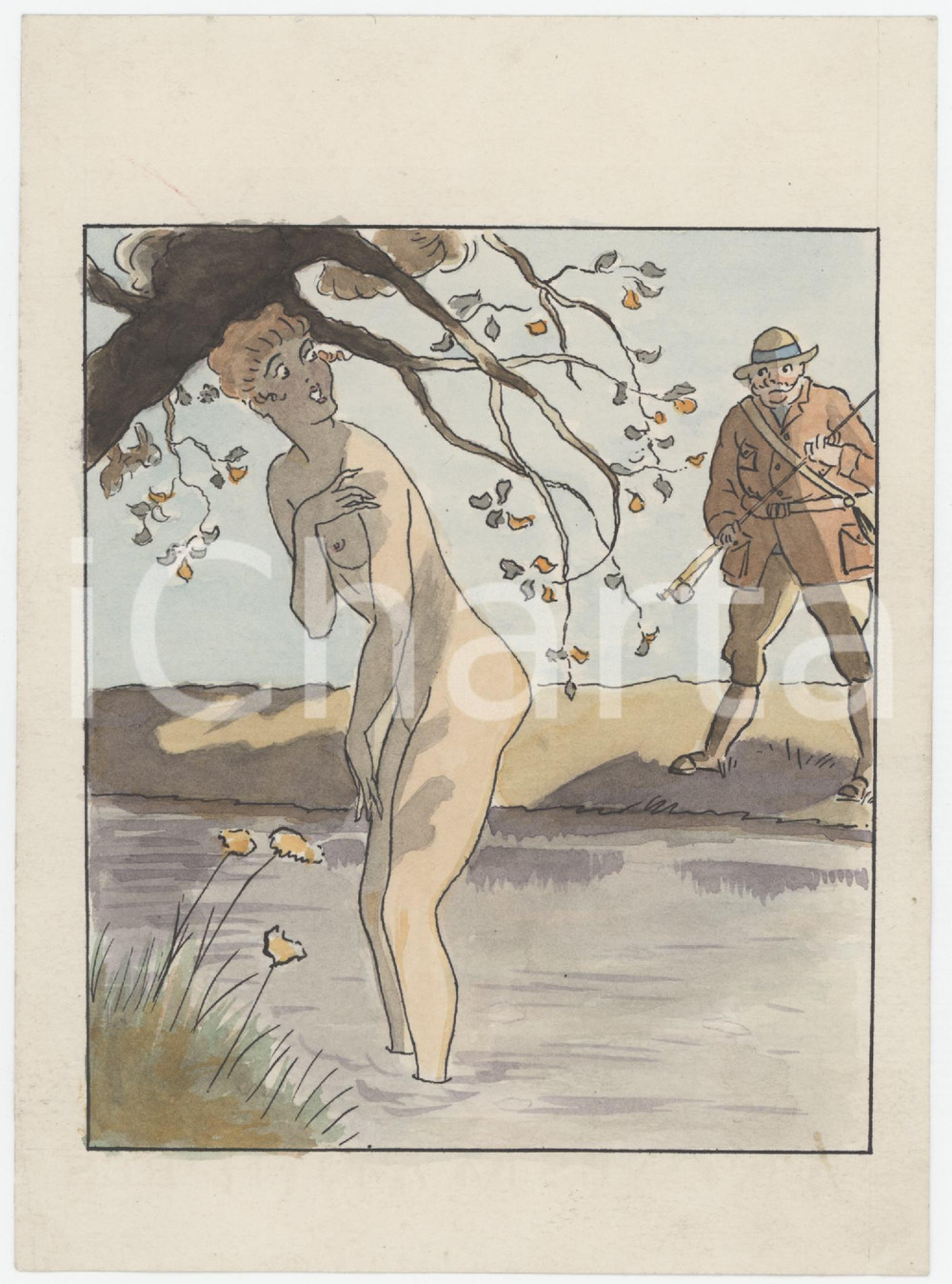 1965 ca EROTICA VINTAGE Donna nuda sorpresa da un pescatore - China 13x17 cm  Disegno originale a china su carta, acquerellato. GOOD/buono  Formato: 13x17 cm originale e autentica 1