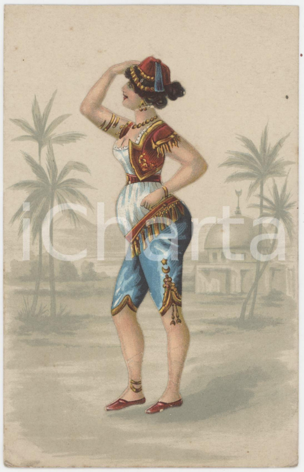 1910 ca COSTUME ARABO Danzatrice del ventre - Cartolina pop-up VINTAGE  Cartolina postale d'epoca, con immagine femminile che si solleva al piegamento della cartolina. Non viaggiata. GOOD/buono  Formato: 9x14 cm originale e autentica 1