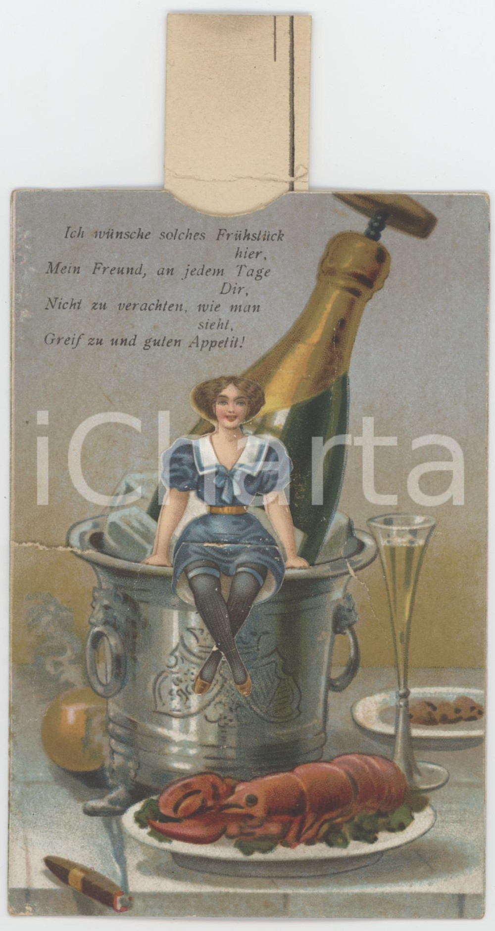1910 ca GERMANY Guten Appetit - Woman - Cartolina con meccanismo RARA  Cartolina postale d'epoca, non viaggiata, con striscia di cartoncino che consente il movimento del personaggio. FAIR/discreto piccolo strappo al lato sinistro Formato: 9x14 cm originale e autentica 1
