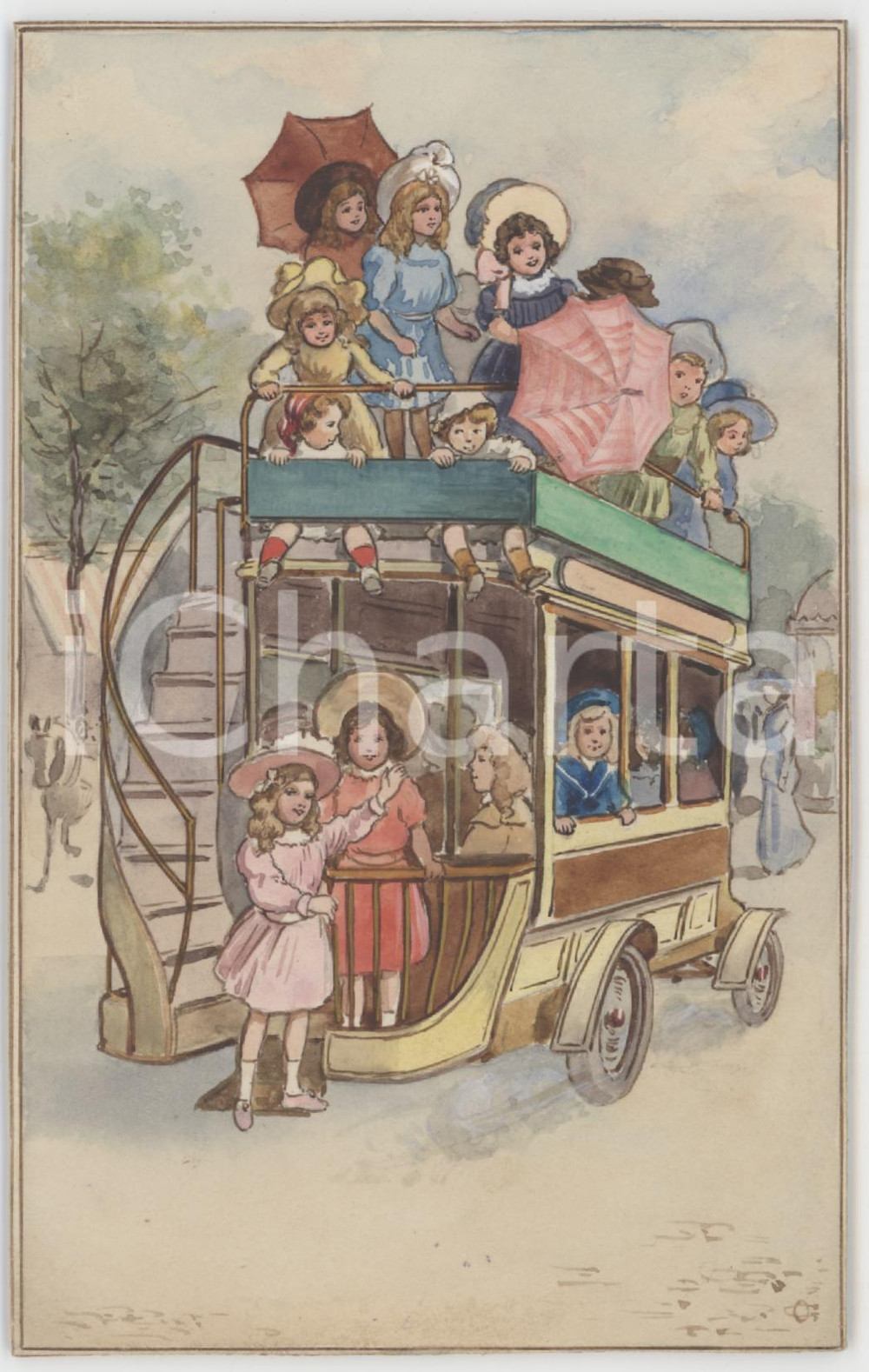 1910 ca FRANCE Enfants dans un omnibus - Carte postale ORIGINALE PEINTE - RARE  Raro bozzetto per cartolina originale d'epoca, su cartoncino rigido, dipinto a mano. GOOD/buono  Formato: 9x14 cm originale e autentica 1