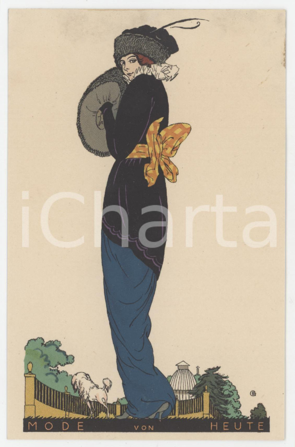 1915 ca Artist Erich GRUNER - Mode von Heute - Woman in winter *Postcard Cartolina postale d'epoca, non viaggiata.  FAIR/discreto macchie di umidità al verso Formato: 9x14 cm originale e autentica 1