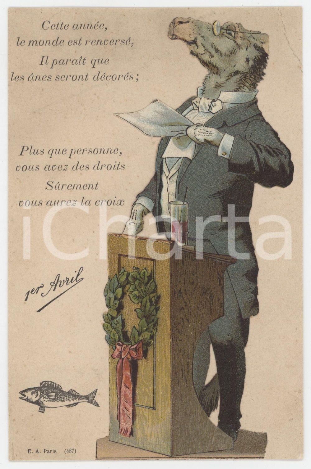 1915 ca FRANCE 1er AVRIL - Carte SATIRIQUE - Les ânes seront décorés  Cartolina postale d'epoca, con immagine applicata. Priva di stampa al verso, non viaggiata. FAIR/discreto piegatura angolare Formato: 10x15 cm originale e autentica 1