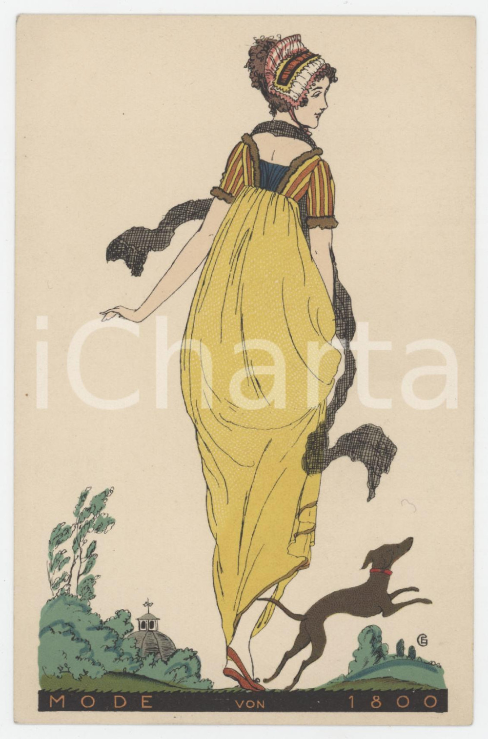 1915 ca Artist Erich GRUNER - Mode von 1800 - Woman in yellow dress *Postcard Cartolina postale d'epoca, non viaggiata.  GOOD/buono  Formato: 9x14 cm originale e autentica 1