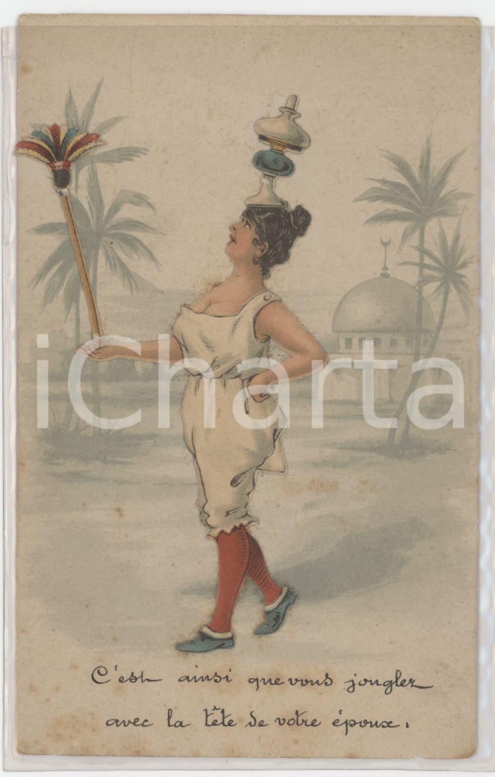 1910 ca FRANCE "Vous jonglez avec la tete de votre époux" - Carte SATIRIQUE  Cartolina postale d'epoca, con immagine femminile a rilievo con bastoncino in movimento. Priva di stampa al verso, non viaggiata. FAIR/discreto fioriture Formato: 9x14 cm originale e autentica 1