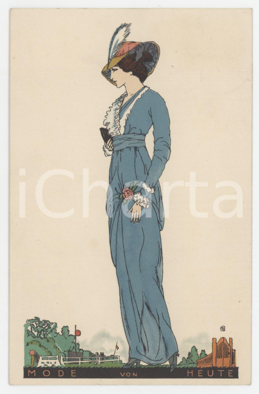 1914 Artist Erich GRUNER - Mode von Heute - Woman in blue dress *Postcard Cartolina postale d'epoca, viaggiata.  GOOD/buono  Formato: 14x9 cm originale e autentica 1