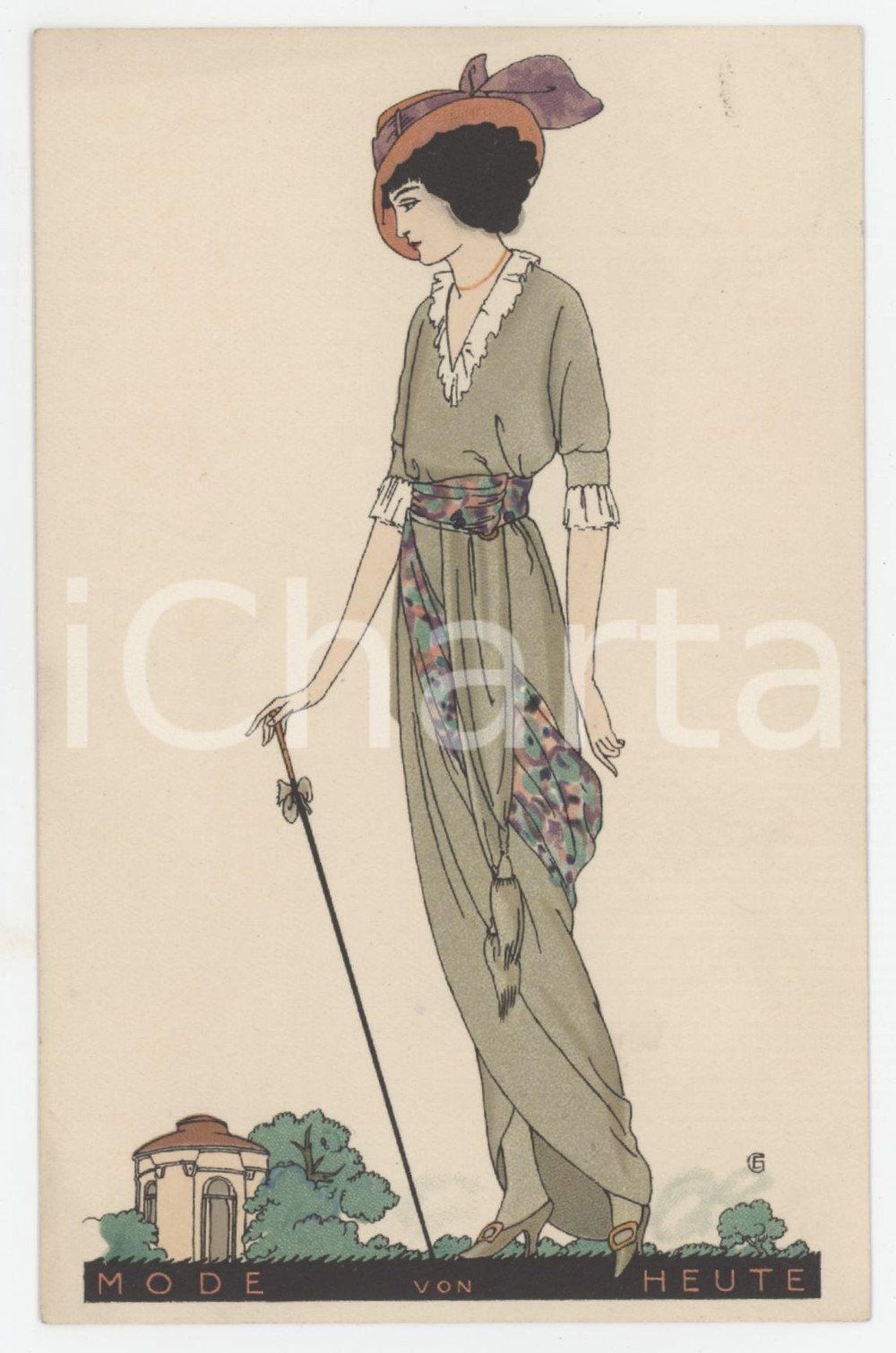 1914 Artist Erich GRUNER - Mode von Heute - Woman in green dress *Postcard Cartolina postale d'epoca, viaggiata.  GOOD/buono  Formato: 14x9 cm originale e autentica 1
