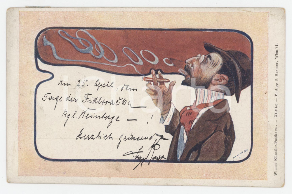 1900 ART NOUVEAU Artist Rudolf KONOPA - Man smoking - Postcard  Cartolina postale originale d'epoca, viaggiata.Wiener K&uuml;nstler - Postkarte XLVI-6. Philipp &amp; Kramer GOOD/buono smussature angolari Formato: 14x9 cm originale e autentica 1