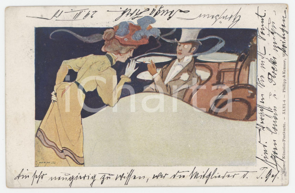 1900 ART NOUVEAU Artist Rudolf KONOPA - Couple smoking - Postcard  Cartolina postale originale d'epoca, viaggiata.Wiener K&uuml;nstler - Postkarte XLVI-4. Philipp &amp; Kramer FAIR/discreto lievi piegature angolari; smussatura al lato superiore Formato: 14x9 cm originale e autentica 1