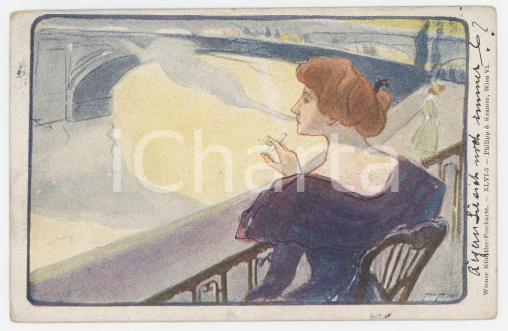 1900 ART NOUVEAU Artist Rudolf KONOPA - Woman smoking - Postcard  Cartolina postale originale d'epoca, viaggiata.Wiener K&uuml;nstler - Postkarte XLVI-3. Philipp &amp; Kramer GOOD/buono smussature angolari Formato: 14x9 cm originale e autentica 1