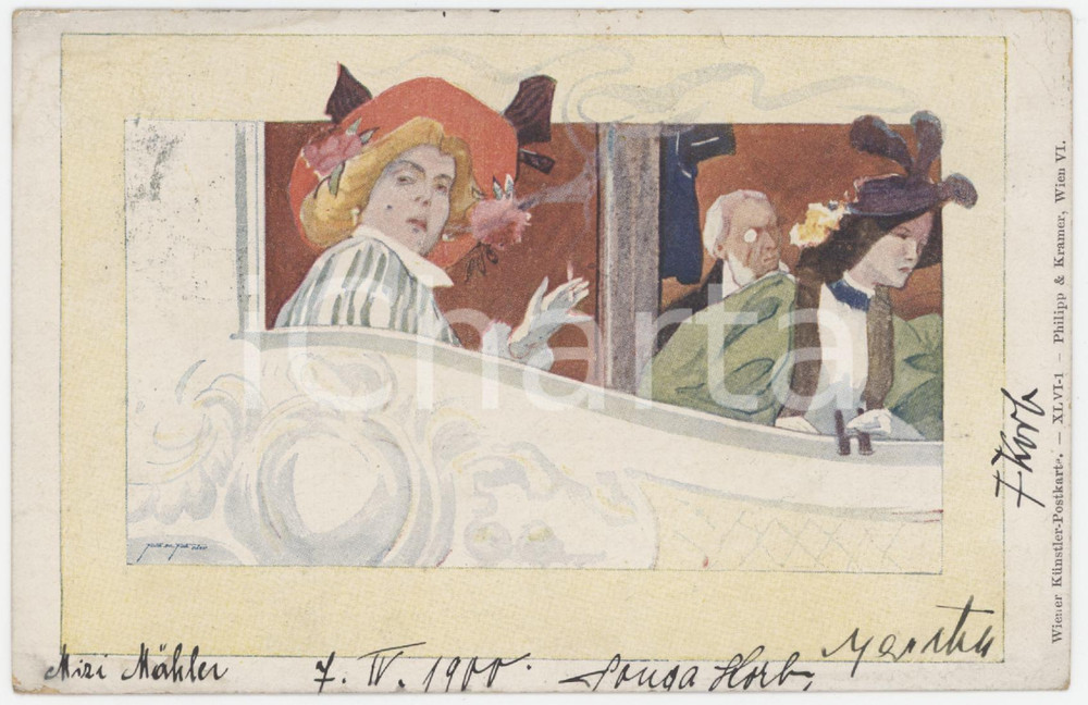 1900 ART NOUVEAU Artist Rudolf KONOPA - Woman smoking - Theatre - Postcard  Cartolina postale originale d'epoca, viaggiata.Wiener K&uuml;nstler - Postkarte XLVI-1. Philipp &amp; Kramer POOR/danneggiato piegature angolari; macchie al verso Formato: 14x9 cm originale e autentica 1