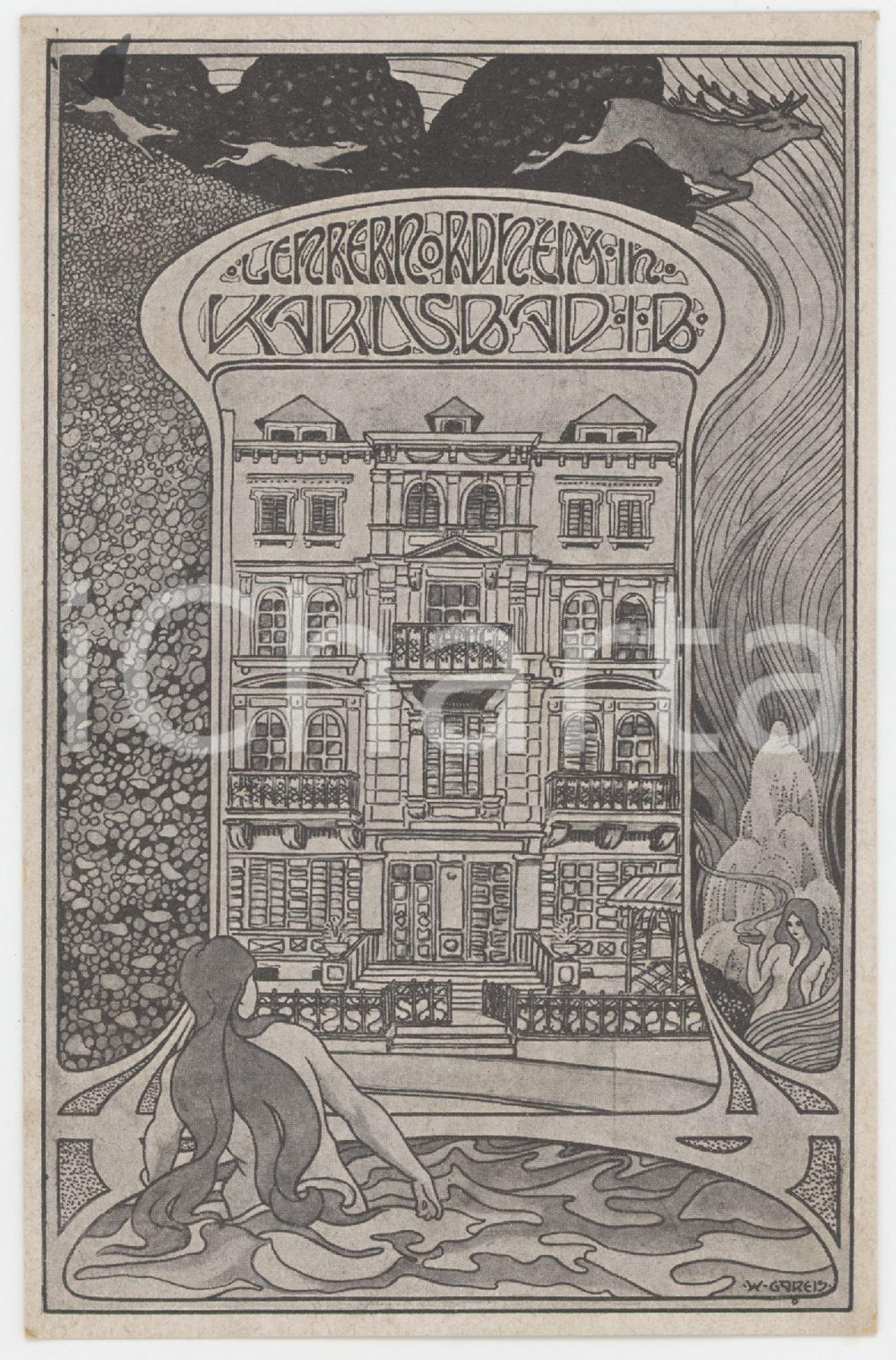 1910 ca ART NOUVEAU KARLSBAD Artist W. GAREIS - Lehrer-Nordheim - Postcard  Cartolina postale originale d'epoca, viaggiata. FAIR/discreto piegatura angolare; macchia al lato superiore Formato: 9,5x14,5 cm originale e autentica 1