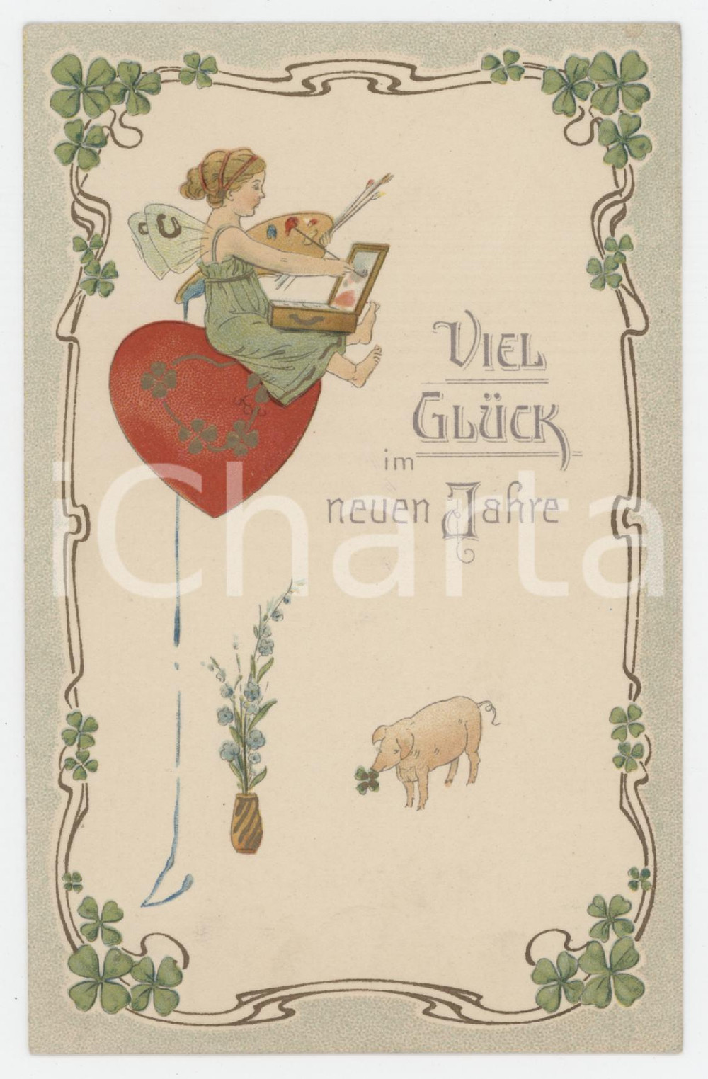 1906 Viel Glück in neuen Jahre - Fairy painting and pig - Embossed postcard  Cartolina postale d'epoca, viaggiata. FAIR/discreto residui cartacei al verso Formato: 9x14 cm originale e autentica 1