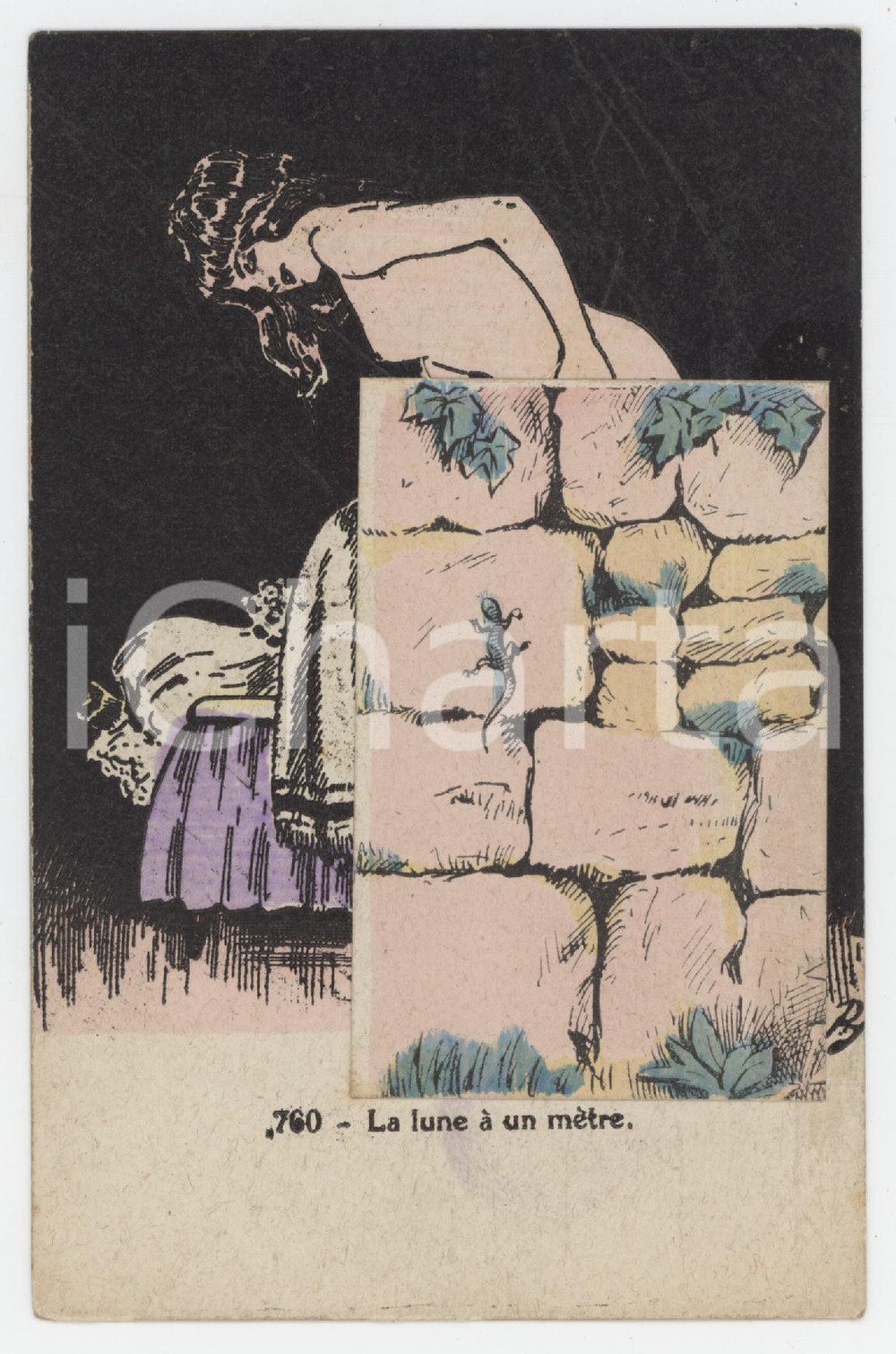 1910 ca VINTAGE EROTIC La lune à un mètre - Carte à système 760  Cartolina postale d'epoca, non viaggiata, con apertura a finestrella sotto la quale si cela un'immagine erotica. GOOD/buono  Formato: 9x14 cm originale e autentica 1