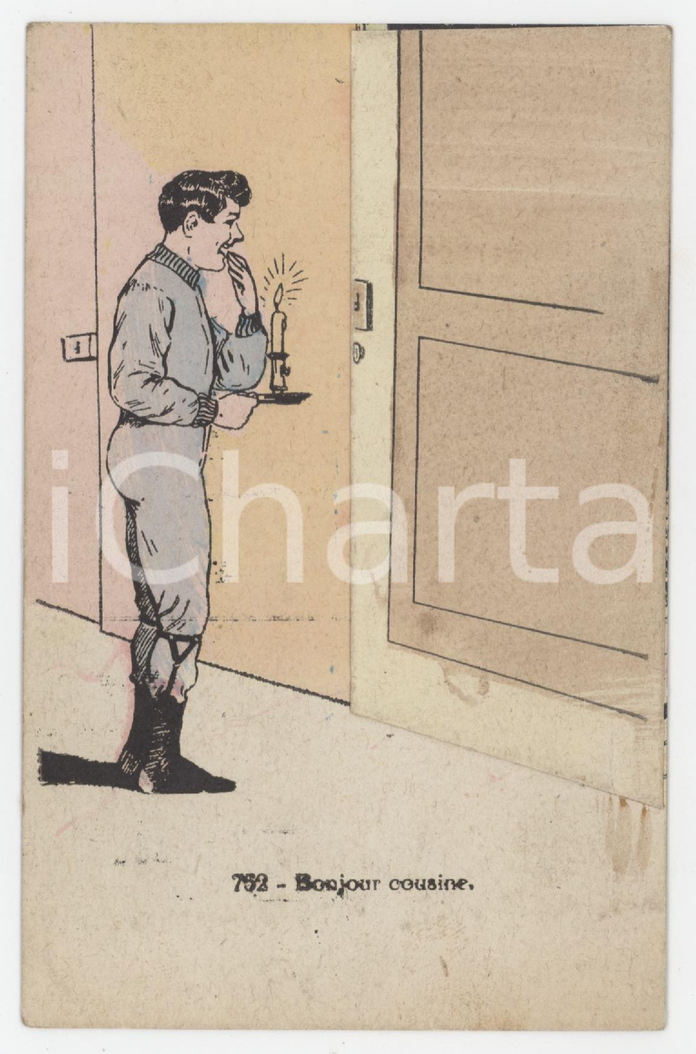 1910 ca VINTAGE EROTIC Bonjour cousine - Femme nue - Carte à système 752  Cartolina postale d'epoca, non viaggiata, con apertura a finestrella sotto la quale si cela un'immagine erotica. GOOD/buono  Formato: 9x14 cm originale e autentica 1