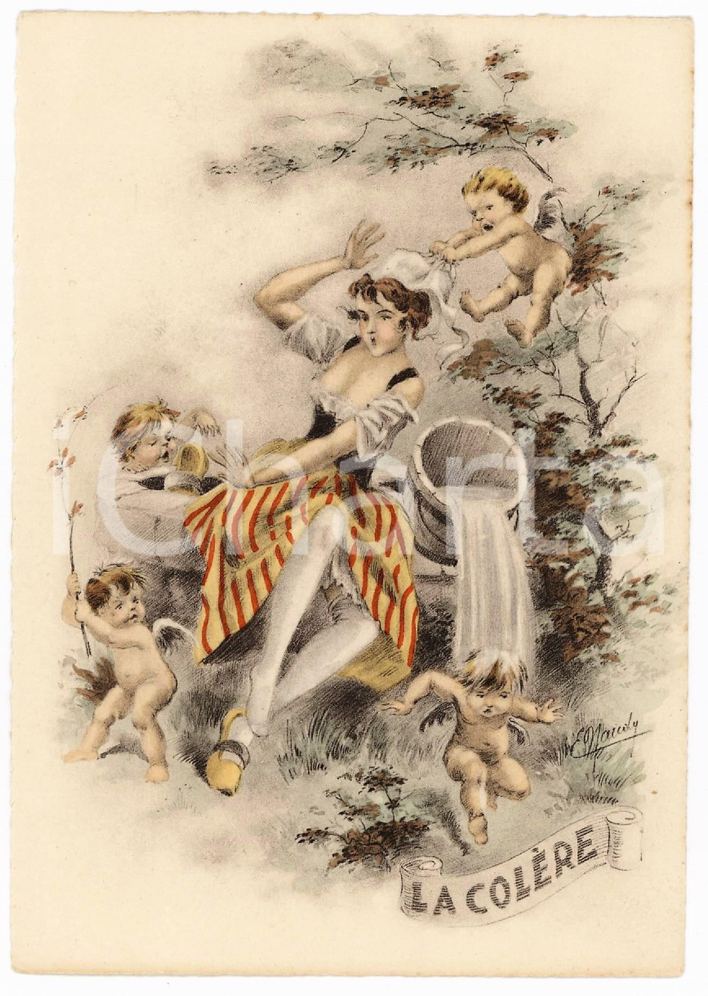 Cartolina originale da collezione 1940 ca Artist E. NAUDY RENAUDIN Les 7 PÃ©chÃ©s Capitaux  La colÃ¨re Postcard 1