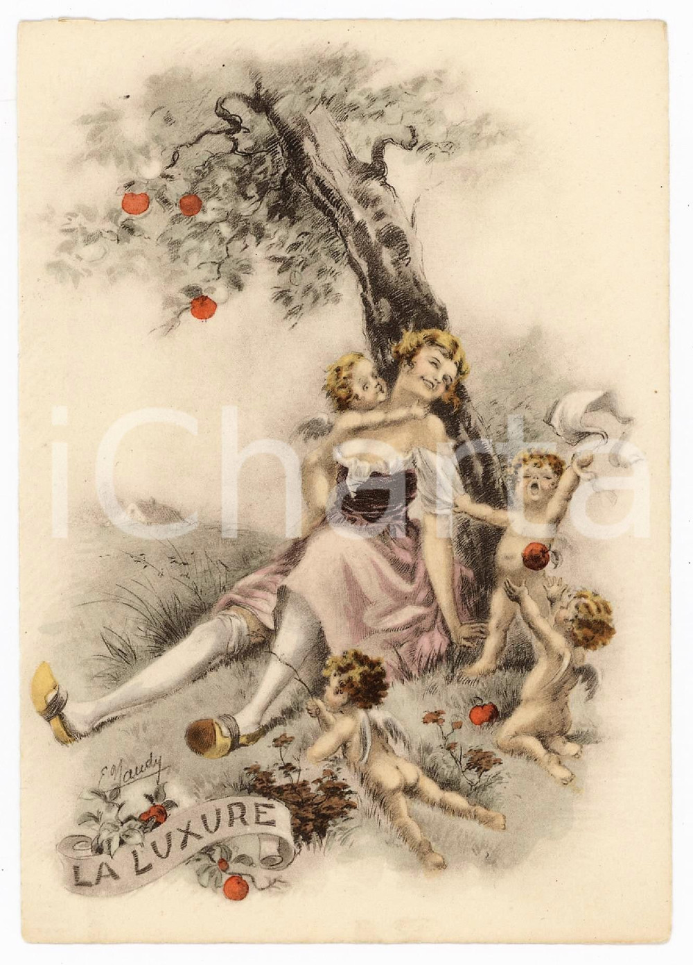 1940 ca Artist E. NAUDY (RENAUDIN) Les 7 Péchés Capitaux - La Luxure *Postcard  Cartolina postale d'epoca, opera dell'illustratore Alfred Renaudin sotto lo pseudonimo E. Naudy.Non viaggiata. GOOD/buono  Formato: 10x15 cm originale e autentica 1