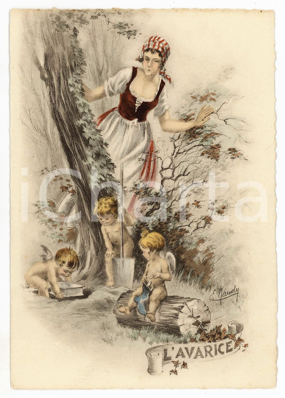 1940 ca Artist E. NAUDY (RENAUDIN) Les 7 Péchés Capitaux - L'Avarice *Postcard  Cartolina postale d'epoca, opera dell'illustratore Alfred Renaudin sotto lo pseudonimo E. Naudy.Non viaggiata. GOOD/buono  Formato: 10x15 cm originale e autentica 1