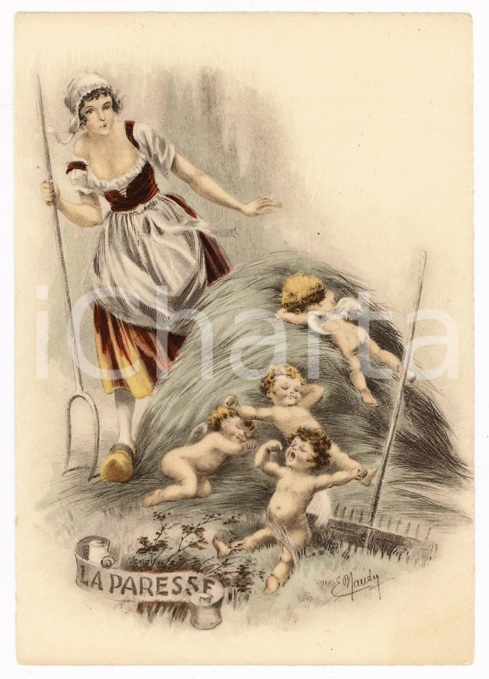 1940 ca Artist E. NAUDY (RENAUDIN) Les 7 Péchés Capitaux - La Paresse *Postcard  Cartolina postale d'epoca, opera dell'illustratore Alfred Renaudin sotto lo pseudonimo E. Naudy.Non viaggiata. GOOD/buono  Formato: 10x15 cm originale e autentica 1