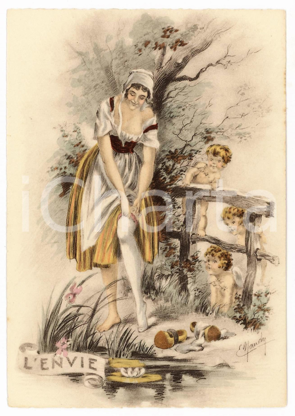 1940 ca Artist E. NAUDY (RENAUDIN) Les 7 Péchés Capitaux - L' Envie *Postcard  Cartolina postale d'epoca, opera dell'illustratore Alfred Renaudin sotto lo pseudonimo E. Naudy.Non viaggiata. GOOD/buono  Formato: 10x15 cm originale e autentica 1