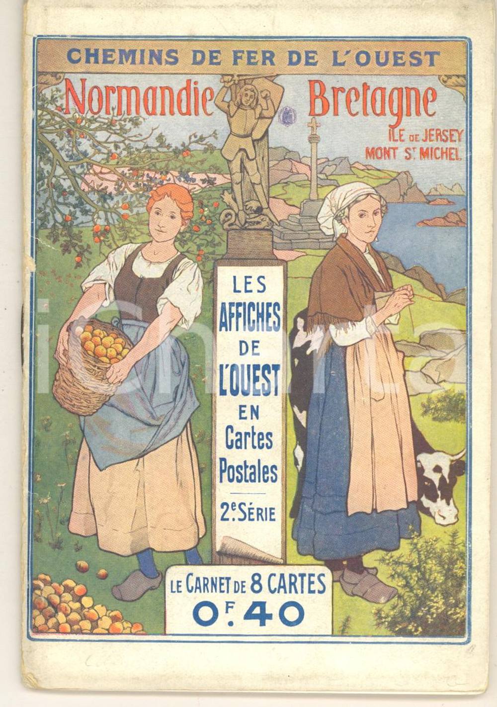 1910 ca CHEMINS DE FER DE L'OUEST - Normandie et Bretagne - Carnet 8 cartes RARE Rara pubblicazione d'epoca, contenente la serie completa delle 8 cartoline dei manifesti dell'Ovest della Francia, realizzati dai pi&ugrave; noti illustratori dell'epoca.Le cartoline si trovano al verso della rispettiva pagina a stampa. FAIR/discreto strappo al dorso, lievi tracce d'uso Formato: 10x15 cm originale e autentica 1
